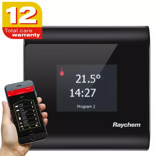 RAYCHEM SENZ WIFI - Termostat til elektrisk gulvvarme, programmerbar, touchscreen, styres via app, sort (1244-017778)